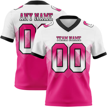 Custom White Hot Pink-Black Mesh Authentic Gradient Square Shape Flag Football Jersey