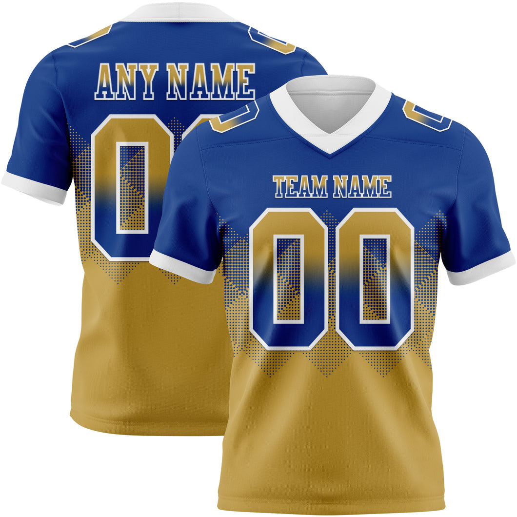Custom Royal Old Gold-White Mesh Authentic Gradient Square Shape Flag Football Jersey