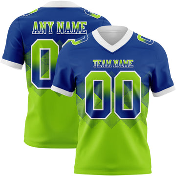 Custom Royal Neon Green-White Mesh Authentic Gradient Square Shape Flag Football Jersey