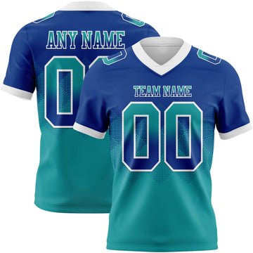 Custom Royal Teal-White Mesh Authentic Gradient Square Shape Flag Football Jersey
