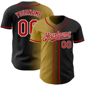 Custom Black Red Old Gold-White Authentic Gradient Fashion Baseball Jersey
