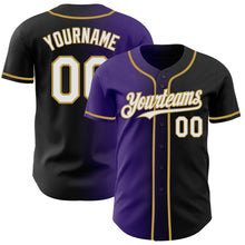 Load image into Gallery viewer, Custom Black White Purple-Old Gold Authentic Gradient Fashion Baseball Jersey
