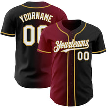 Load image into Gallery viewer, Custom Black White Crimson-Old Gold Authentic Gradient Fashion Baseball Jersey
