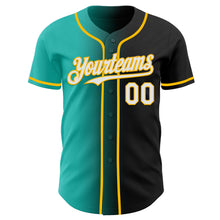 Load image into Gallery viewer, Custom Black White Aqua-Gold Authentic Gradient Fashion Baseball Jersey
