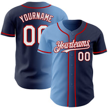 Load image into Gallery viewer, Custom Navy White Light Blue-Red Authentic Gradient Fashion Baseball Jersey
