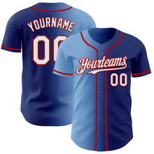 Load image into Gallery viewer, Custom Royal White Light Blue-Red Authentic Gradient Fashion Baseball Jersey
