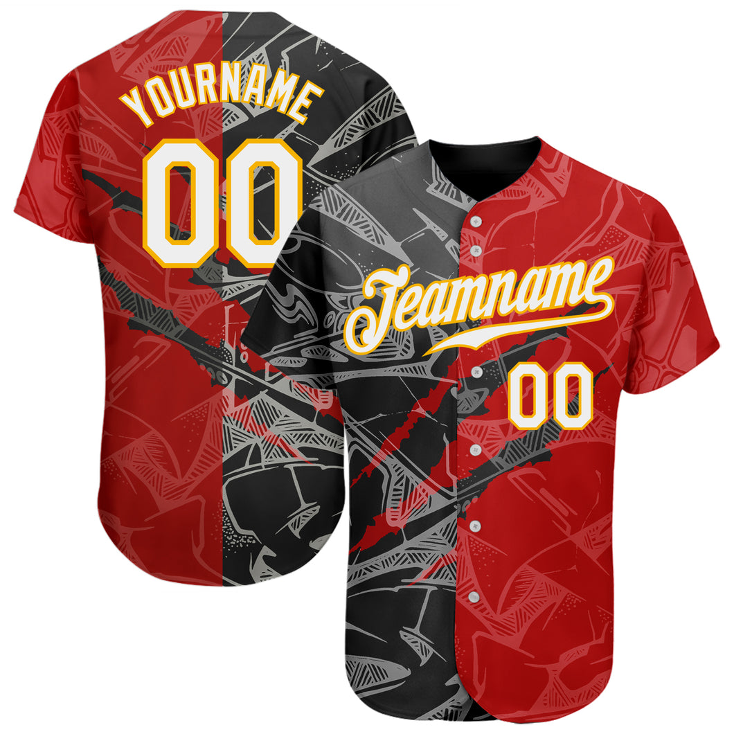 Custom Graffiti Pattern White Black-Yellow 3D Scratch Authentic Baseball Jersey