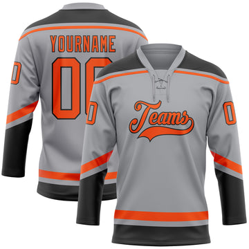 Custom Gray Orange-Black Hockey Lace Neck Jersey
