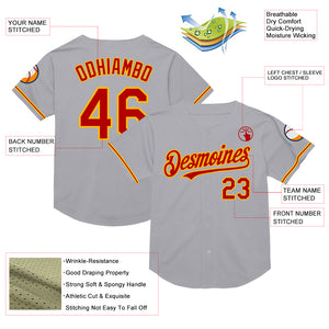 Custom Gray Red-Gold Mesh Authentic Throwback Baseball Jersey