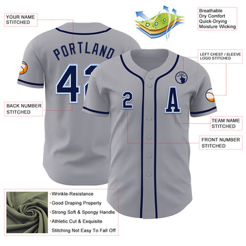 Custom Gray Navy-Light Blue Authentic Baseball Jersey