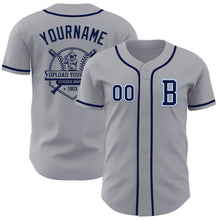 Load image into Gallery viewer, Custom Gray Navy-Light Blue Authentic Baseball Jersey
