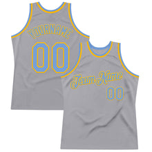 Load image into Gallery viewer, Custom Gray Light Blue-Gold Authentic Throwback Basketball Jersey
