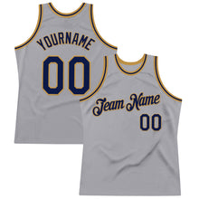 Load image into Gallery viewer, Custom Gray Navy-Old Gold Authentic Throwback Basketball Jersey
