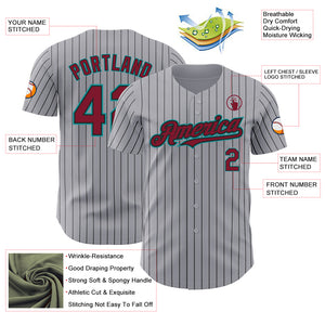 Custom Gray Black Pinstripe Crimson-Teal Authentic Baseball Jersey