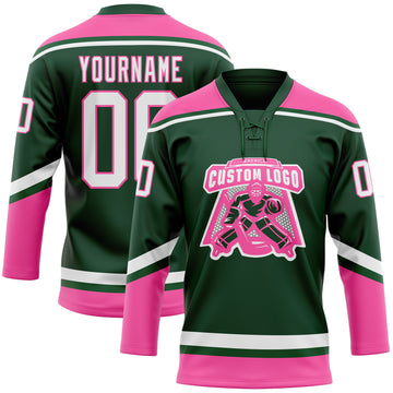 Custom Green White-Pink Hockey Lace Neck Jersey