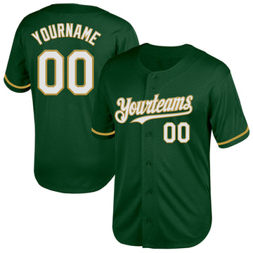 Custom Green White-Old Gold Mesh Authentic Throwback Baseball Jersey