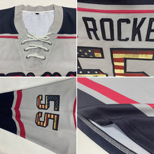 Load image into Gallery viewer, Custom Gray Vintage USA Flag Black-Crimson Hockey Lace Neck Jersey

