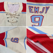 Load image into Gallery viewer, Custom Cream Light Blue-Red Hockey Lace Neck Jersey
