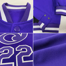 Load image into Gallery viewer, Custom Purple Purple-White Bomber Full-Snap Varsity Letterman Jacket
