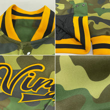 Load image into Gallery viewer, Custom Camo Black-Gold Bomber Full-Snap Varsity Letterman Salute To Service Jacket
