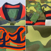 Load image into Gallery viewer, Custom Camo Black-Orange Bomber Full-Snap Varsity Letterman Salute To Service Jacket
