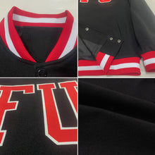 Load image into Gallery viewer, Custom Black Red-White Bomber Full-Snap Varsity Letterman Jacket
