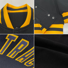 Load image into Gallery viewer, Custom Black Black-Gold Bomber Full-Snap Varsity Letterman Jacket
