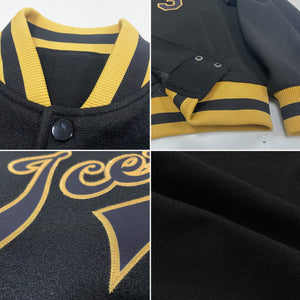 Custom Black Black-Old Gold Bomber Full-Snap Varsity Letterman Jacket