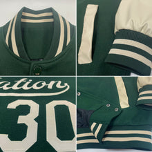 Load image into Gallery viewer, Custom Green Cream Bomber Full-Snap Varsity Letterman Two Tone Jacket
