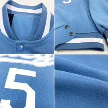 Load image into Gallery viewer, Custom Light Blue White Bomber Full-Snap Varsity Letterman Jacket
