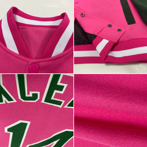 Custom Pink Green-White Bomber Full-Snap Varsity Letterman Two Tone Jacket