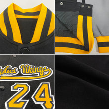 Load image into Gallery viewer, Custom Black Gold-Gray Bomber Full-Snap Varsity Letterman Two Tone Jacket
