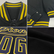 Load image into Gallery viewer, Custom Black Old Gold Bomber Full-Snap Varsity Letterman Jacket
