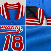 Load image into Gallery viewer, Custom Powder Blue Red-White Bomber Full-Snap Varsity Letterman Jacket
