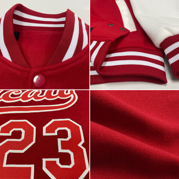 Custom Red White Bomber Full-Snap Varsity Letterman Two Tone Jacket