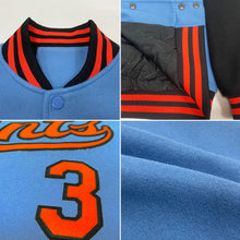 Load image into Gallery viewer, Custom Light Blue Orange-Black Bomber Full-Snap Varsity Letterman Two Tone Jacket
