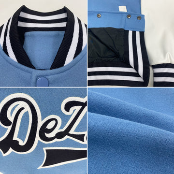 Custom Light Blue Black-White Bomber Full-Snap Varsity Letterman Two Tone Jacket