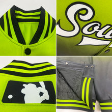 Load image into Gallery viewer, Custom Neon Green White-Black Bomber Full-Snap Varsity Letterman Fade Fashion Jacket
