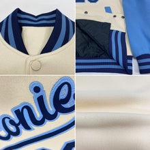 Load image into Gallery viewer, Custom Cream Navy-Light Blue Bomber Full-Snap Varsity Letterman Two Tone Jacket
