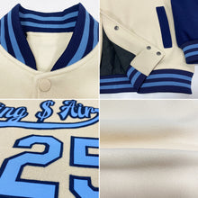 Load image into Gallery viewer, Custom Cream Light Blue-Navy Bomber Full-Snap Varsity Letterman Two Tone Jacket
