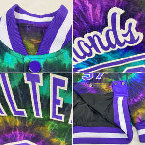 Custom Tie Dye Purple-White Rainbow 3D Bomber Full-Snap Varsity Letterman Jacket