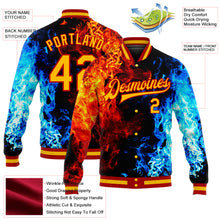 Load image into Gallery viewer, Custom Black Gold Red-Royal Flame 3D Pattern Design Bomber Full-Snap Varsity Letterman Jacket
