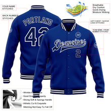 Load image into Gallery viewer, Custom Royal Navy-White Bomber Full-Snap Varsity Letterman Jacket
