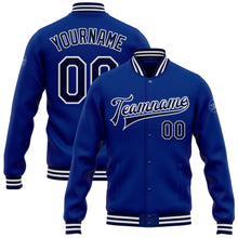 Load image into Gallery viewer, Custom Royal Navy-White Bomber Full-Snap Varsity Letterman Jacket
