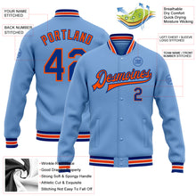Load image into Gallery viewer, Custom Light Blue Royal-Orange Bomber Full-Snap Varsity Letterman Jacket
