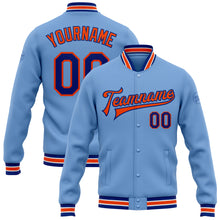 Load image into Gallery viewer, Custom Light Blue Royal-Orange Bomber Full-Snap Varsity Letterman Jacket

