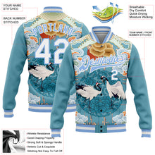Load image into Gallery viewer, Custom Light Blue White Heron And Cloud 3D Pattern Design Bomber Full-Snap Varsity Letterman Jacket
