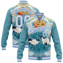 Load image into Gallery viewer, Custom Light Blue White Heron And Cloud 3D Pattern Design Bomber Full-Snap Varsity Letterman Jacket
