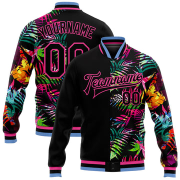 Custom Black Pink-Light Blue Hawaii Palm Trees 3D Pattern Design Bomber Full-Snap Varsity Letterman Jacket