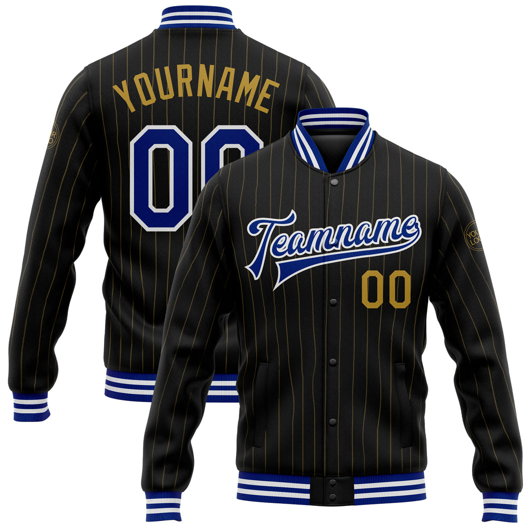 Custom Black Old Gold Pinstripe Royal-White Bomber Full-Snap Varsity Letterman Jacket